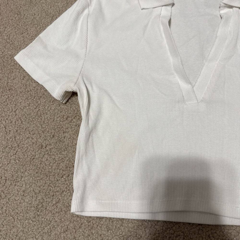 Zara Cream Ribbed Collared Top - Picture 3 of 4